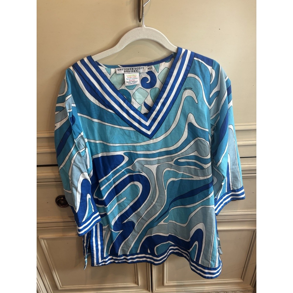 Gretchen Scott Blue Geometric Retro Cotton Vneck Tunic Small Beachy